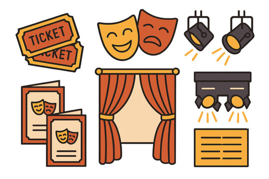 Set of theatrical performance symbols and drama elements like masks, tickets, stage curtains, and spotlights