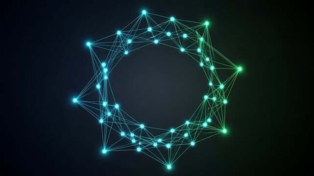 Connected nodes form a glowing network in the dark space, representing futuristic technology and complex systems, creating a sense of innovation and connectivity.