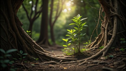 Fototapeta premium Herbal plant hidden natural concept. A young plant emerges in a forest clearing, framed by tree roots and illuminated by soft sunlight.