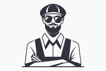 Bearded man wearing hat and sunglasses crosses arms looking stylish in grayscale