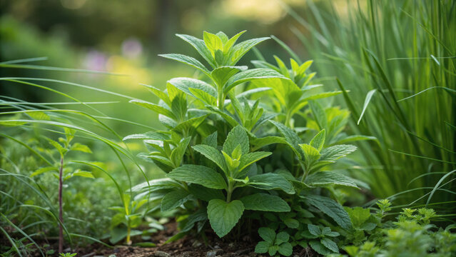 Herbal plant hidden natural concept. Lush green herbs thriving in a garden setting, surrounded by tall grass and soft natural light.