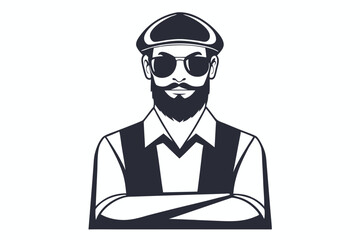 Bearded man wearing cap and shades looks confident with arms crossed across his chest