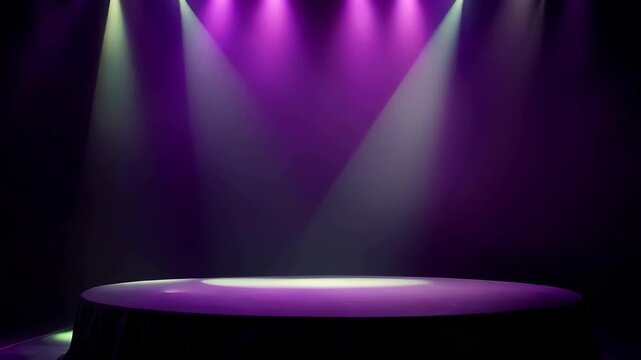 Empty Circular Stage Illuminated by Dramatic Purple and White Spotlights in a Dark Studio Setting