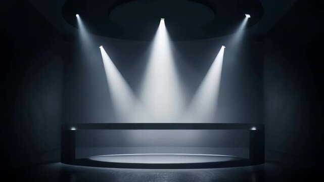 Empty Circular Stage Illuminated By Dramatic Spotlights In A Dark Auditorium With Smoke Effect