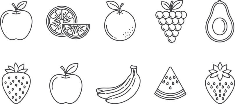 Collection of hand drawn outline fruit icons featuring apple banana strawberry avocado grapes kiwi and watermelon slices