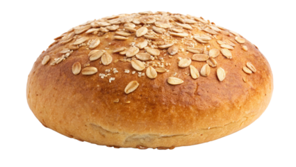 A round bread roll sprinkled with oats, isolated on transparent background