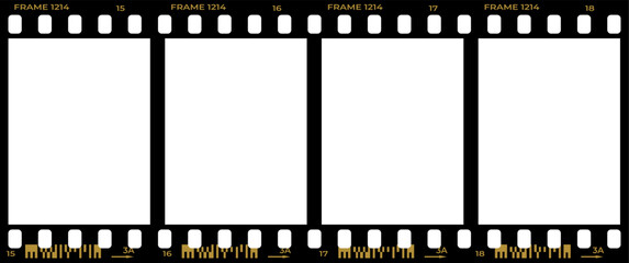 Grunge 35mm film strip background vector with blank frames, perfect for vintage cinema photography and movie reel illustration