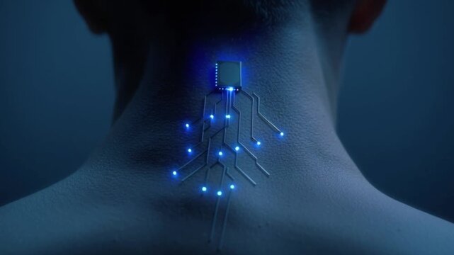 Human neck with glowing cyber implant chip, futuristic neural interface concept showing digital circuits embedded under skin, advanced biotechnology visualization of cybernetic augmentation, biochip i