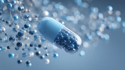 A close-up of a blue, transparent capsule, with molecular structures and air bubbles in the background.