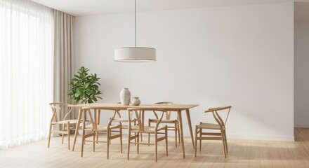 Minimalist dining room with wooden table and chairs highlighting simplicity and elegance in