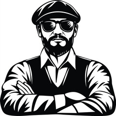 Bearded man with cap and sunglasses poses confidently with crossed arms in black and white
