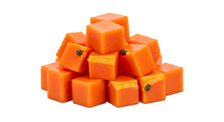 A pile of freshly cut papaya cubes, isolated on transparent background