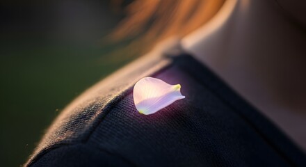 A delicate flower petal resting on the shoulder of a person wearing a dark garment during sunset lighting
