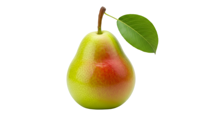 A single ripe pear with a green leaf and stem, isolated on a transparent background