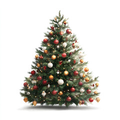 Christmas tree with ornaments hanging hyperrealistic, white background
