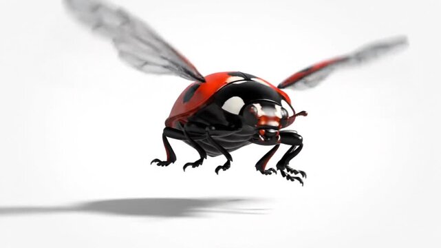 Detailed close-up of a vibrant red ladybug captured in mid-flight with motion-blurred wings over a clean white background