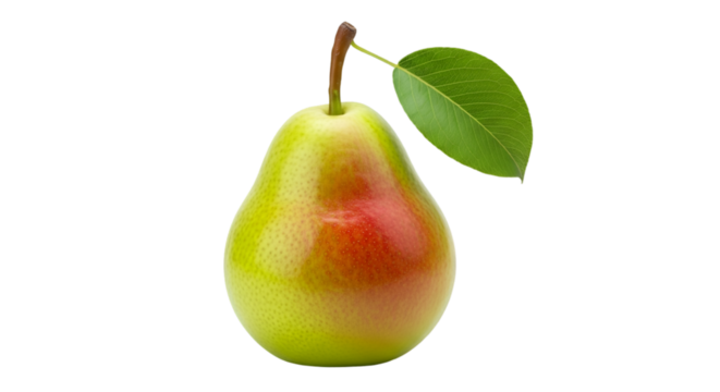 A single ripe pear with a green leaf and stem, isolated on a transparent background