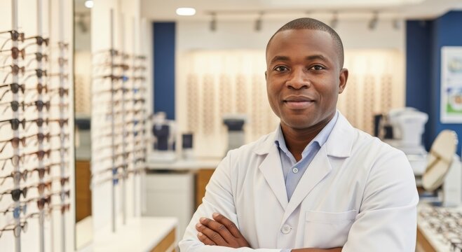 Professional optometrist in eyewear store with diverse glasses display for vision care