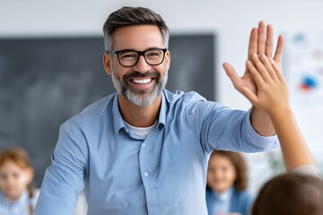 Smiling Male Teacher Giving High Five To Student In Classroom. Positive Education, Motivation, Team Spirit Concept, Back To School Visual