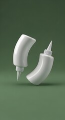 Two white squeeze bottles with pointed nozzles are floating against a plain green background, perfect for packaging condiments or sauces in a kitchen or dining setting