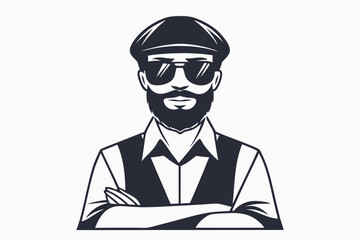 Bearded man wearing a cap and sunglasses confidently crosses his arms while posing