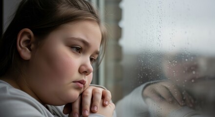 Thoughtful child gazing out rainy window reflecting childhood mood and contemplation