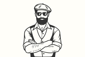 Bearded man wearing sunglasses and newsboy cap stands confidently with folded arms