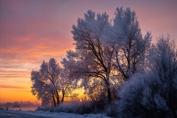 Frosty winter trees at colorful sunset in scenic countryside