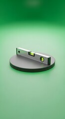 A close-up of a modern spirit level tool placed on a circular platform with a green gradient background, used for measuring horizontal and vertical alignment in construction and carpentry