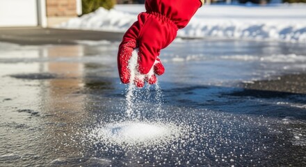 Winter safety concept: hand in red glove sprinkling salt on icy pavement