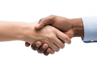 Two hands shaking in agreement, representing a business deal or partnership, isolated on transparent background
