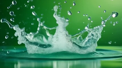 Refreshing clear water splash forming an elegant, crown-like ripple against a vibrant green background, evoking feelings of freshness, purity, and dynamic motion - Powered by Adobe