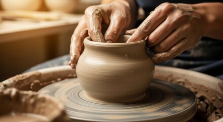 Artisan craftsmanship: hands shaping clay on a pottery wheel in warm studio light