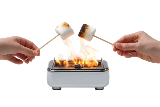 Home dessert scene with marshmallow being toasted in smores maker isolated on transparent background