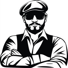 Bearded man in cap and sunglasses crosses arms, a confident black and white image