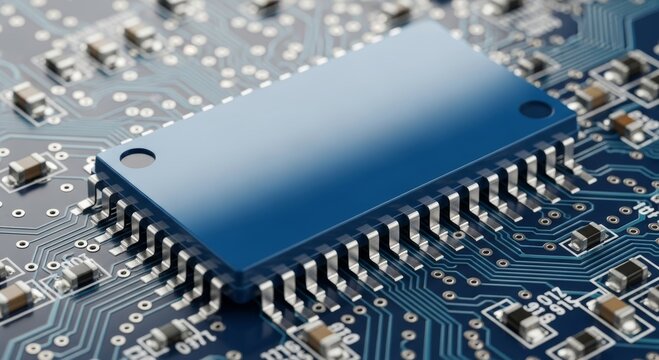 Blue microchip on circuit board for technology and electronics design