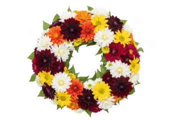 Colorful wreath of dahlia flowers in various shades of red, orange, yellow, and white, arranged in a circular pattern, isolated on transparent background
