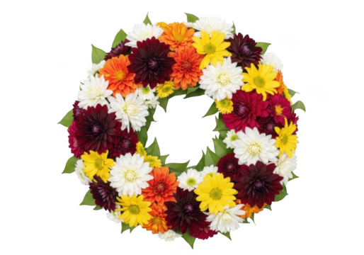 Colorful wreath of dahlia flowers in various shades of red, orange, yellow, and white, arranged in a circular pattern, isolated on transparent background