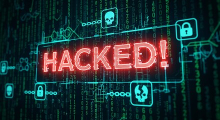 Obraz premium Cybersecurity threat concept with hacked alert and digital matrix background