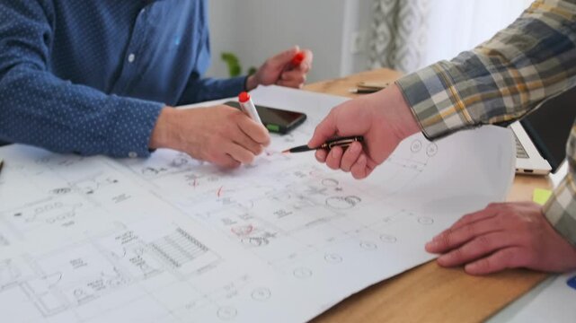 white architect and contractor review large blueprints on desk, pointing at floorplan details, pens and magnifier, focused consultation in bright office, tension and collaboration