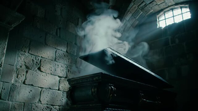 Stone crypt with open coffin and smoke, mystery and gothic concept, indoors.