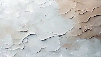 A close-up, abstract view of thick, textured paint strokes in white and beige, creating organic shapes and shadows.