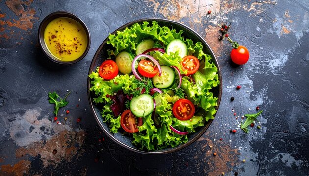 A vibrant, fresh salad featuring crisp lettuce, sliced tomatoes, cucumbers, and red onion, served with a side of vinaigrette dressing.