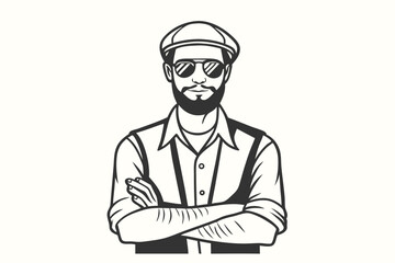 Bearded man wearing cap and sunglasses stands confidently with folded arms in simple line art