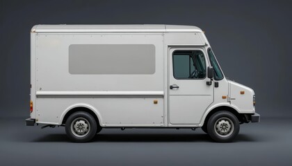 A white delivery van parked against a dark background. The van has a simple design with no visible branding or logos. It is side-view oriented.