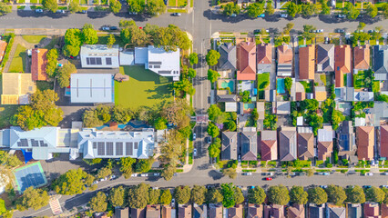 Aerial Panorama Drone View of a inner western Sydney Suburb of Ashbury Urban Sprawl and the terracotta roof tops streets and trees of Suburban Sydney  NSW Australia