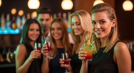 Friends enjoying cocktails at a lively bar gathering for a night out