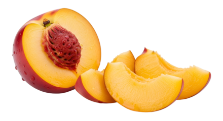 A ripe nectarine cut in half showing its pit, with slices on a transparent background