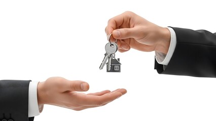 Real estate agent hand giving house keys to new homeowner on white background, symbol of property purchase