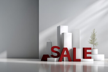 Minimalist marketing display featuring bold red sale text and geometric shapes, ideal for promotional banners with ample copy space
